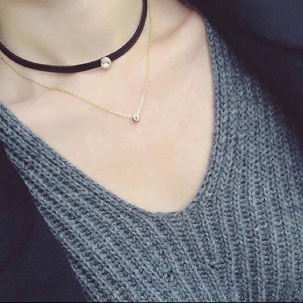 Dainty Gold Choker Necklace Vegan Leather & CZ - Picture 3 of 4